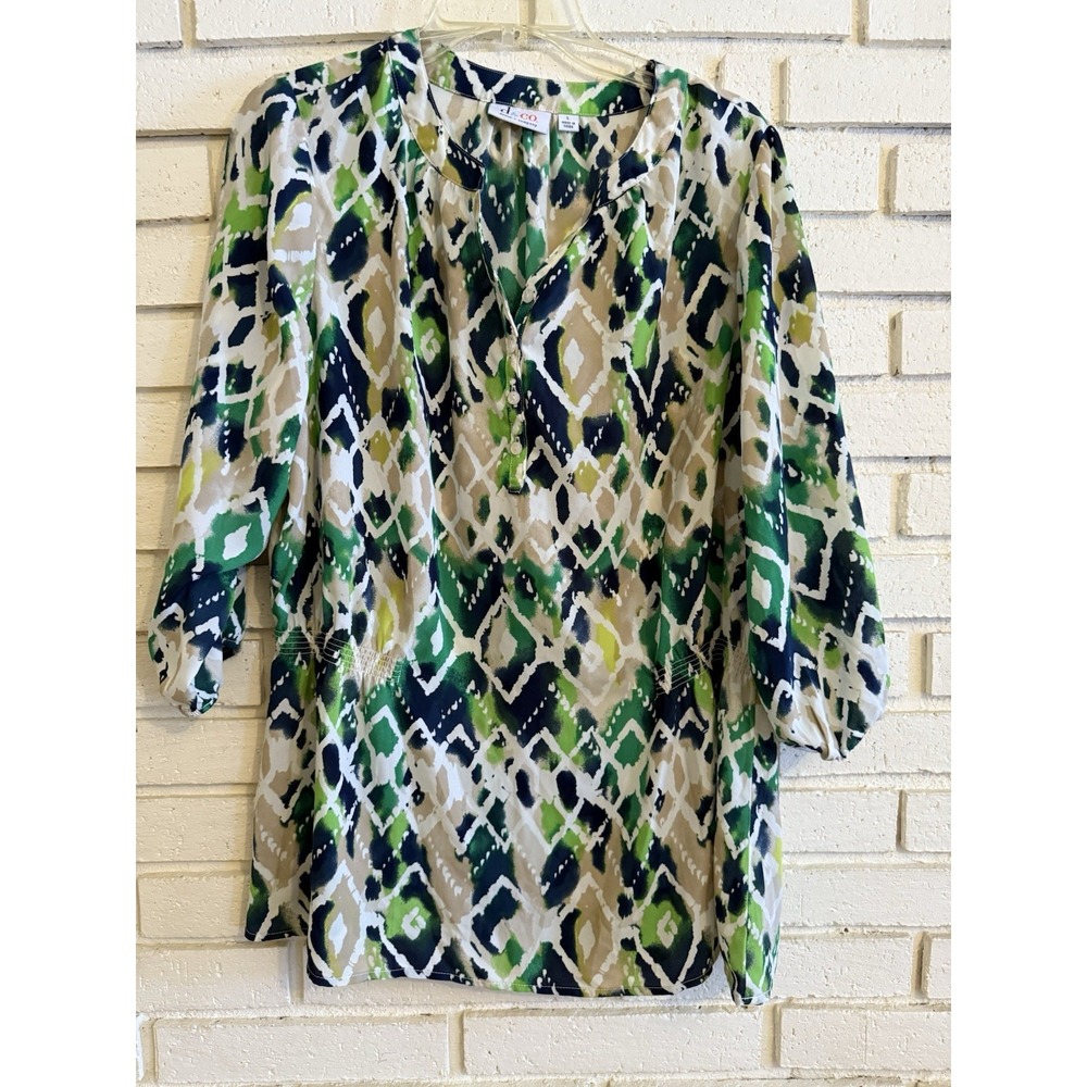 Denim & Co Printed Georgette 3/4-Sleeve Blouse Green Multi -‎ Size Large